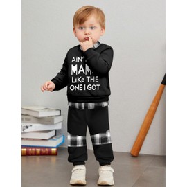 CRISONE Toddler Boy Clothes 18-24 Month Fall Winter Outfits Ain't No Mama Grey Plaid Shirt + Long Pants Warm Toddler Clothes for Boys