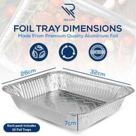 Rollay 10 Pack Large Aluminium Foil Trays Deep (32x26x7 cm) - Tin Foil Trays Containers for Cooking, Baking, Broiling, Roasting, BBQ, and Party (3500ml) (10 Trays)
