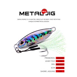 Jigging Lures Fishing , 30g Slow Jig Baits, Offshore Micro Jigs for Tuna King Sna Grouper Bass, Metal Jig with Treble Hook and Assist Hooks 7Pieces
