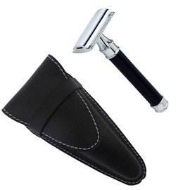 Closed Comb Safety Razor, Chrome-Plated with Black Handle in Leather Case - Castiles Original