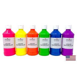 milo Fluorescent Liquid Watercolor Paint Set of 6 Colors | 8 oz Bottles | Neon, Washable, Safe and Non-Toxic | Made in the USA | Art & Craft Paints | Glows UV with Black Light