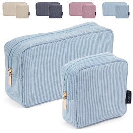 2 Pcs Small Makeup Bag for Handbag, Corduroy Cosmetic Bag Travel Make up Bag with Compartments for Women Girls(Blue)