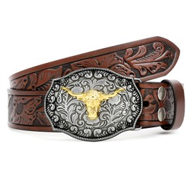 Western Leather Buckle Belt for Men Women Floral Engraved Cowboy Belt Longhorn Bull Buckle Waist Belt for Jeans Pants,A-Brown,Fit Waist Size 35"-38"