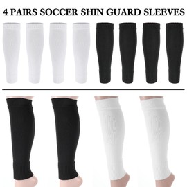 Lusofie 4 Pairs Shin Guard Sleeve, Breathable Cut Soccer Socks, Elastic Football Leg Sleeves for Men and Women(White,Black)