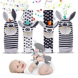 Baby Rattle Socks Wrist Strap Rattles Set, Cute Baby Animal Development Toy Gift for Newborn Babies, Black and White Foot Finder Sensory Set