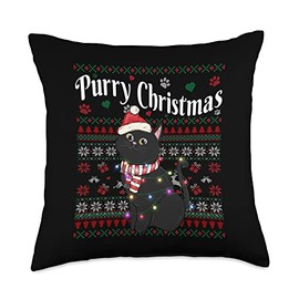 G2T Funny Christmas Outfit Purry Cute Cat Fairy Lights Ugly Christmas Sweater Throw Pillow, 18x18, Multicolor