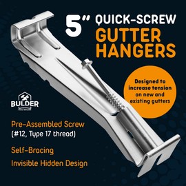 Quick Screw Gutter Hangers 5 Inch- 50 Pack - 5 Inch Gutter Clips with Bonus 6 Inch Drill Bit - Hidden Bracket Clips with Pre-Assembled Screw - Fix Sagging Rain Gutters