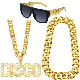 Riuziyi 3 Pack 70s Party Chain Costumes Outit Fake Gold chain Disco Necklace Twist Leg Punk sunglasses 80s 90s Hip Hop Costumes for Men Women Rapper Accessories