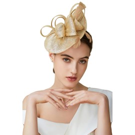 BABEYOND Women's Pillbox Fascinator Hat Kentucky Derby Hat Feather Fascinator Headband Tea Party Fascinator Hat for Cocktail Gold