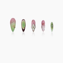 24 Pcs Spring Press on Nails Short Almond,YIHONGYAN 3D Flower Fake Nails Press ons Green French Nail Tip Acrylic Kit Glue on Nails Full Cover False Nails with Shells Design Stick on Nails for Woman