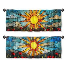 WSPNBB Sun Valance Curtain for Windows 2 Pack Stained Glass Flower Leave Colorful Rod Pocket Printed Curtain Valances Short Tier Curtains for Living Room Bathroom Bedroom 54x18 Inch