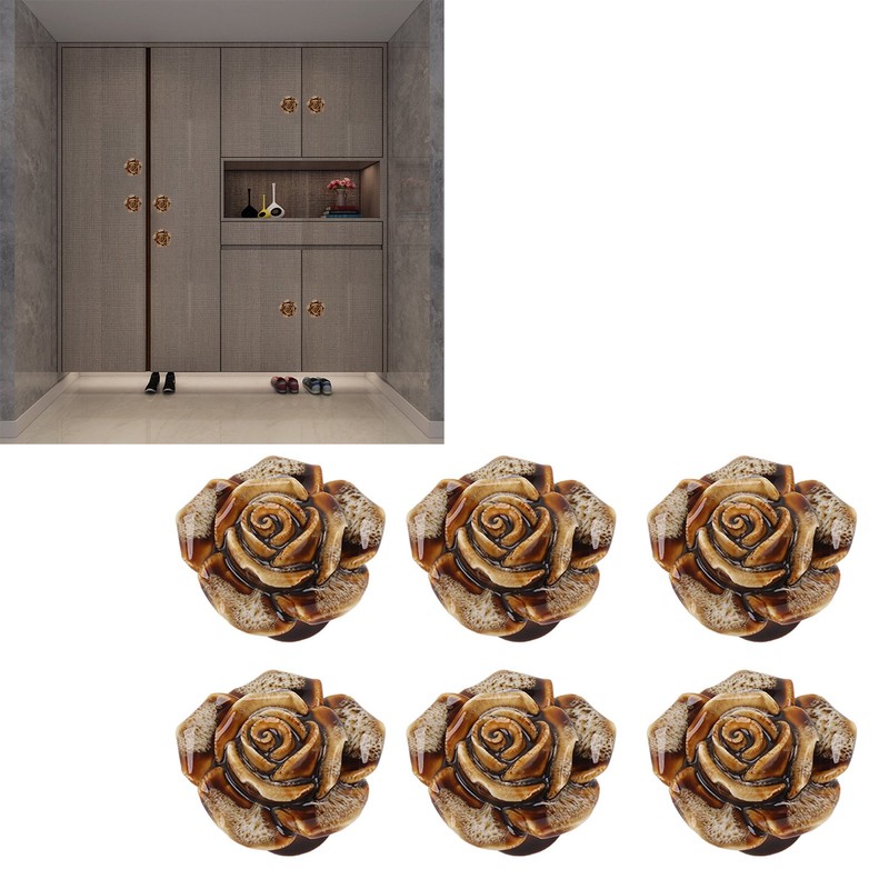 6Pcs Cabinet Knob Rose Flower Shape Delicate Ceramic Knob for