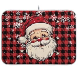 Kcldeci Merry Christmas Santa Dish Drying Mat for Kitchen Counter Buffalo Check Plaid Foldable Absorbent Dish Drainer Farmhouse Dish Mats Drying Pad Dish Drainer Rack Mats for Counter 18x24