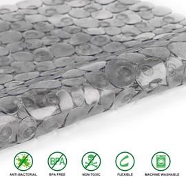 WELTRXE Bathtub Mat, Non-slip Shower Mat, PVC Bath Mat with Suction Cups and Drain Holes, Anti-Mould, Safe Oval Pebble Bathroom Tub Mat, Ideal for Elderly & Kids, Transparent Grey, 69 x 36 cm