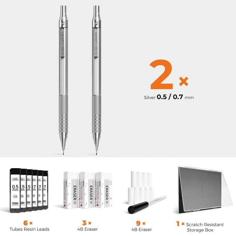 Four Candies 2PCS Metal Mechanical Pencils Set with Case, 0.5mm