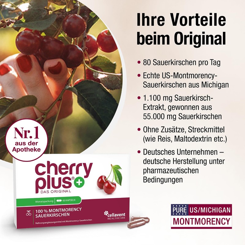 Cherry Plus-Das Original US-Montmorency-Sauerkirschen Kapseln C hochdosierter Sauerkirschen-Extrakt C 55.000