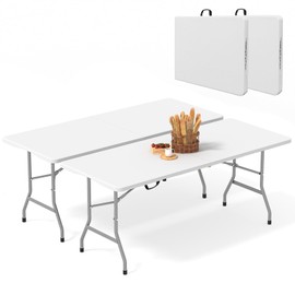 HLPB Folding Table Picnic Table 2 Pcs, 6 ft Portable Camping Table with Handle and Safety Locks, Foldable Table Plastic Dining Table Indoor Outdoor for Camping, Picnic and Party