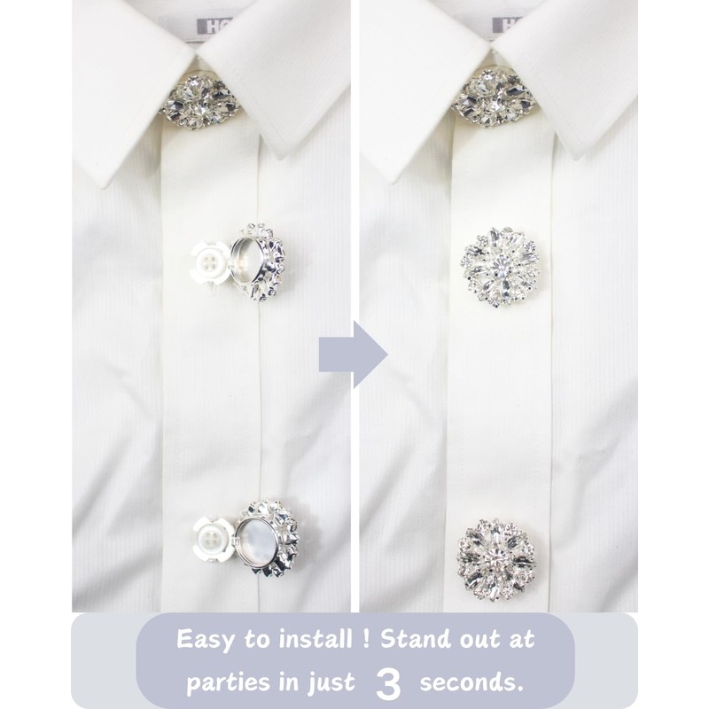 Button Covers for Women 6 Set Rhinestone Cuff Link Silver