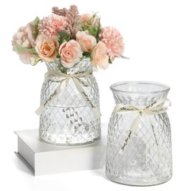 SOJOCK 2PACK Glass Flower Vases(Flowers NOT Included),6.3" High Diamond Pattern Vases,Vintage Vases for Centrepieces,Wedding Decorations,Home Table Flower Decorations