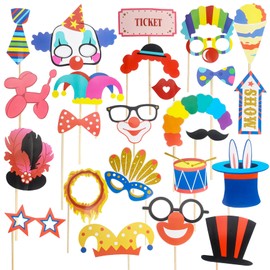 24Pcs Carnival Photo Booth Props, Funny Circus Party Decorations Circus Theme Photo Props for Carnival, Wedding, Birthday, Graduation Party Supplies