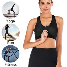 Zip Front Sports Bra - Padded Sports Bras for Women Wireless Post-Surgery Bra Workout Fitness Running Black