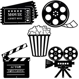 Moxweyeni 5 Pieces Movie Theater Decor Home Movie Theater Room Decor Cinema and Popcorn Wall Art Metal Movie Reel Wall Sign Home Theater Action Sign Cinema Movie Film Wall Decoration for Home Party Decor