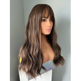 The Extension Room Long Wavy Wig with Bangs, Brown Hair, 22 Inch, Natural Looking Wave Style