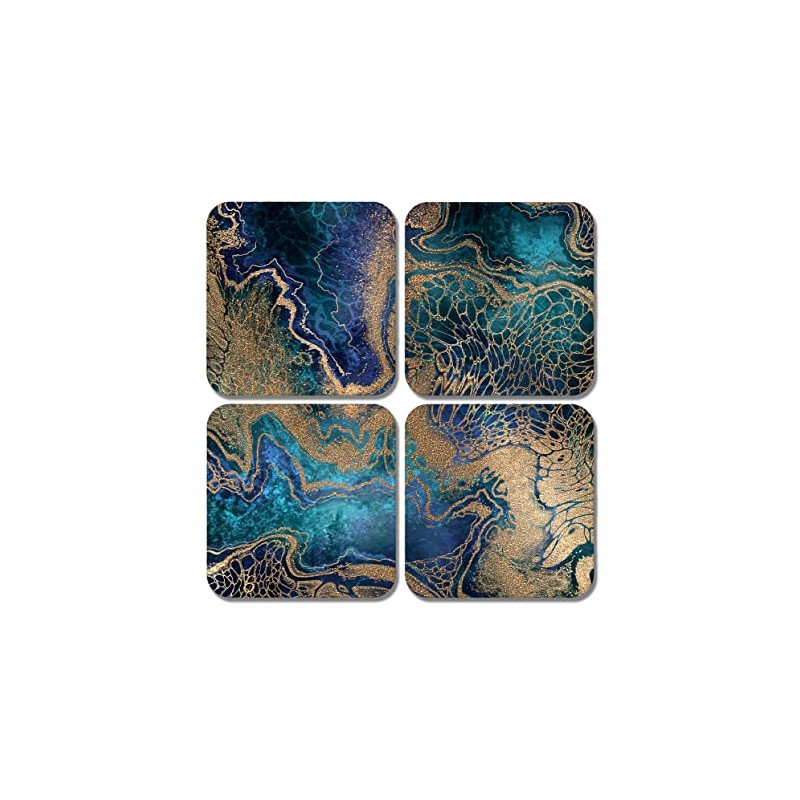 4 x Square Marble Effect Coasters - Blue Gold Agate