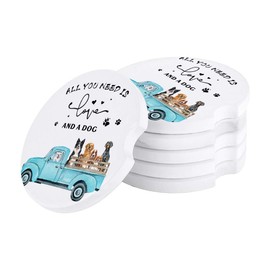 Animal 4 Piece Set Car Coaster, Absorbent Ceramic Car Coasters with Distinctive Finger Notch for Easy Removal 2.56inch, Auto Cup Holders for Women Men - Loads of Cute Dogs on the Truck