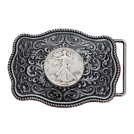 US 1941 Walking Liberty Half Dollar 90% Silver Coin Silver Belt Buckle NEW - Beautiful Western Scroll Design