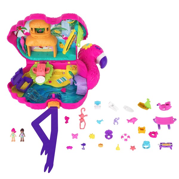 Polly Pocket Flamingo Party Large Compact Playset with 26 Surprises, Pop & Swap Feature, Tropical Party Play Areas, Ages 4 & Up