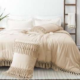 ALEISSEL Beige Comforter Set Queen Size, Ultra-Soft Boho Farmhouse Bedding Set with Tassel Edges, Down Alternative Light-Weight Comforter Set All Season (Queen, Beige)