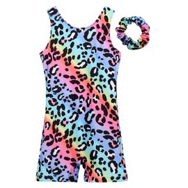 JESKIDS Leotards for Girls Gymnastics with Shorts Dance Biketards Tumbling Matching Hair Scrunchie Leopard 6-7 Years