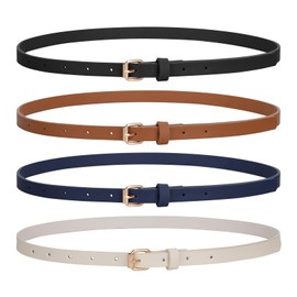 LEACOOLKEY 4 PACK Skinny Leather Belt for Women Dress Thin Waist Belt with Gold Buckle for Jeans