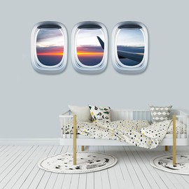 jojofuny 3pcs 3D Peel and Stick Window Wall Decal Removable Stickers, Detachable Aircraft Painting Faux Window Sticker for Kids Room
