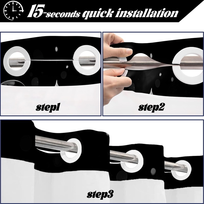 DLTAY Black and Grey Hookless Shower Curtain with Snap in