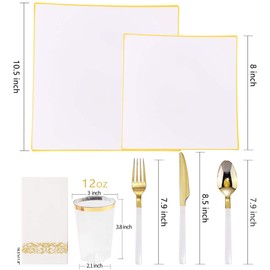 Nervure 140Pcs White Square Plastic Plates with Gold Rim - Gold Disposable Plates Includes: 40 plates, 60 Gold Plastic Silverware with White Handle, 20 Cups, 20 Napkins for Weddings & Parties