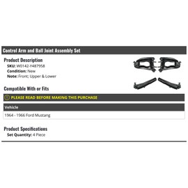 Marketplace Auto Parts - Front Upper and Lower Control Arm and Ball Joint Assembly - Set of 4 - Compatible with 1964-1966 Ford Mustang