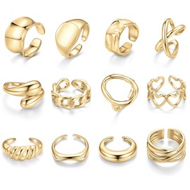 WAINIS 12 Pcs Chunky Gold Open Rings for Women Band Statement Boho Adjustable Stackable Rings Set for Women, Metal, No Gemstone