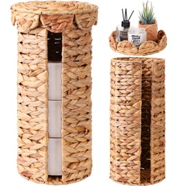 Fiwochic Wicker Toilet Paper Holder with Lid, Woven Paper Roll Holder Boho Rattan Toilet Papers Roll Stand for Bathroom Organizer and Storage Farmhouse Tissue Storage for 3 Mega Rolls(Water Hyacinth)