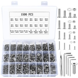 1500 Pcs Hex Socket Screws, Nuts and Washers Assortment Kit, Countersunk Screw, Flat Head Machine Screws, Stainless Steel Cylinder Screws Nuts Washers Set, M2 M3 M4 M5