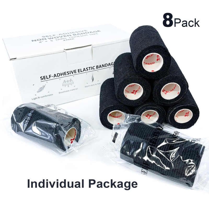 [8 Pack 4" x 5 Yards] Black- Self Adhesive Cohesive