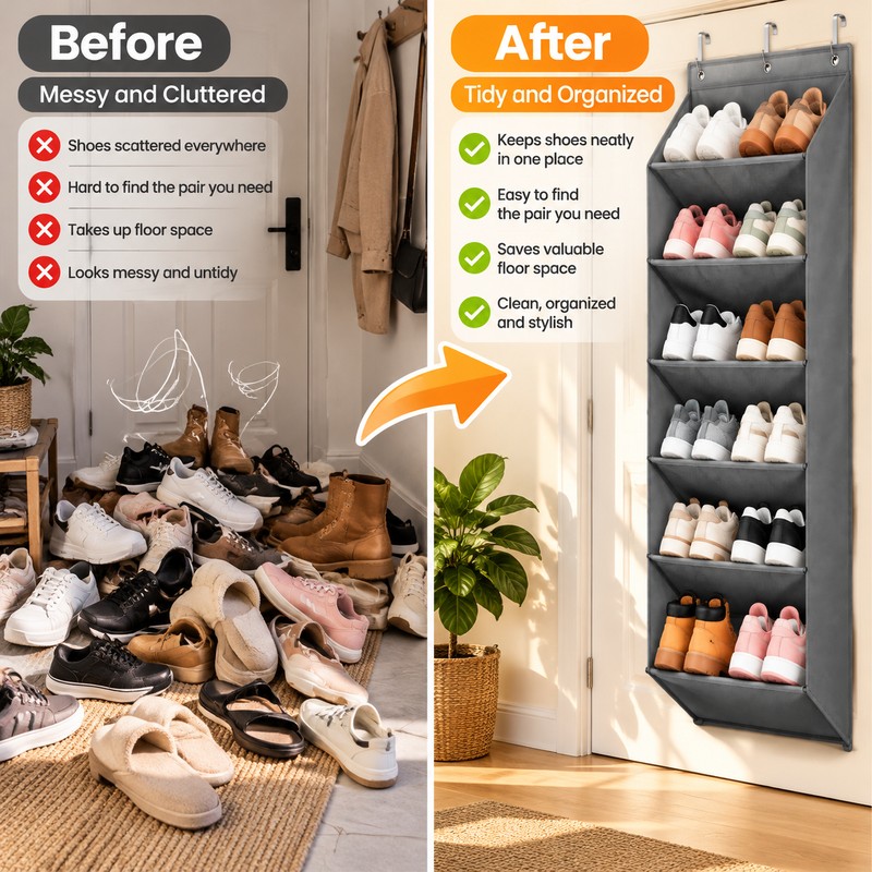 Over-the-Door Shoe Organizer with Deep Pockets – 6-Layer Hanging Shoe