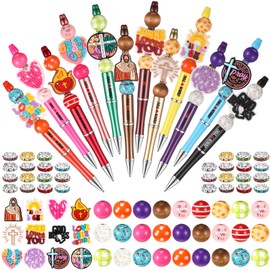 Geyee 12 Set Beadable Pens Assorted Bead Pens Wood Crystal Round Spacer Set Black Ink DIY Ballpoint for Women Men Gift Office Supplies(Rainbow,Jesus)