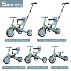 newyoo Toddler Tricycle with Push Handle for 1-3 Year Old, Toddler Bike, Birthday Gifts and Toys for Boys and Girls, 5 in 1 Kids Trike, Convert to Baby Balance Bike, Green, TR007