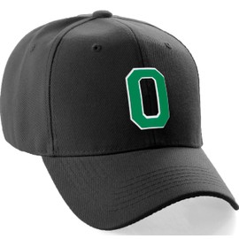Classic Baseball Hat Custom A to Z Initial Team Letter, Black Cap White Green Letter O
