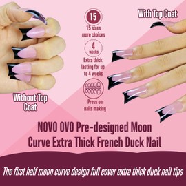 NOVO OVO Black French Tip Duck Feet Nail Tips, Duck Nail Tips Press On, Full Cover for Pressing Acrylic with Moon, Curved, Thick, Medium, Long, 15 Sizes, 150 Pieces