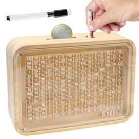 Wooden Money Box, Money Box with Numbers Checks, Piggy Bank with Acrylic Plate, Money Saving Box, Wipe Clean & Reusable, Save Target €5,000, Help Adults Children Develop Saving Habits