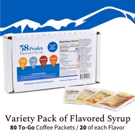 58Peaks Variety Pack of Flavored Syrup Sweetener Packets for Hot and Cold Drinks | To-Go Flavoring for Coffee, Tea, Milkshake and More | Vanilla, Caramel, French Vanilla & Hazelnut | 15mL | 20-Pack