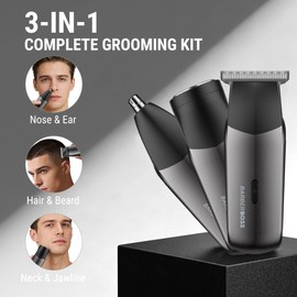 BarberBoss 3-in-1 Elektrorasierer für Herren, Reise-Trimmer-Set für Herren, Bart- und Haartrimmer, Nasen- und Ohrhaartrimmer, Mini-Folienscherkopf, Herrenpflege-Set mit 5 Führungskämmen, QR-2211